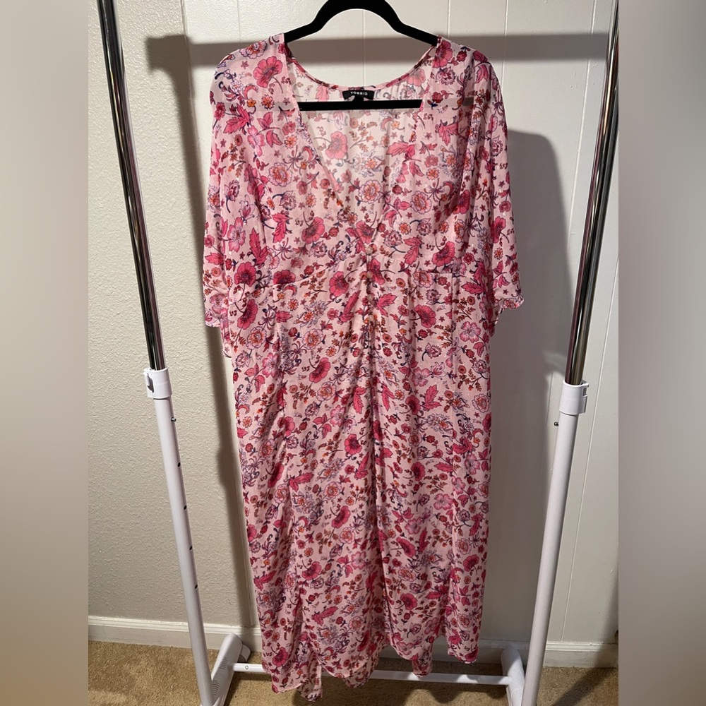 Pink Chiffon Ruched Sleeve Kimono